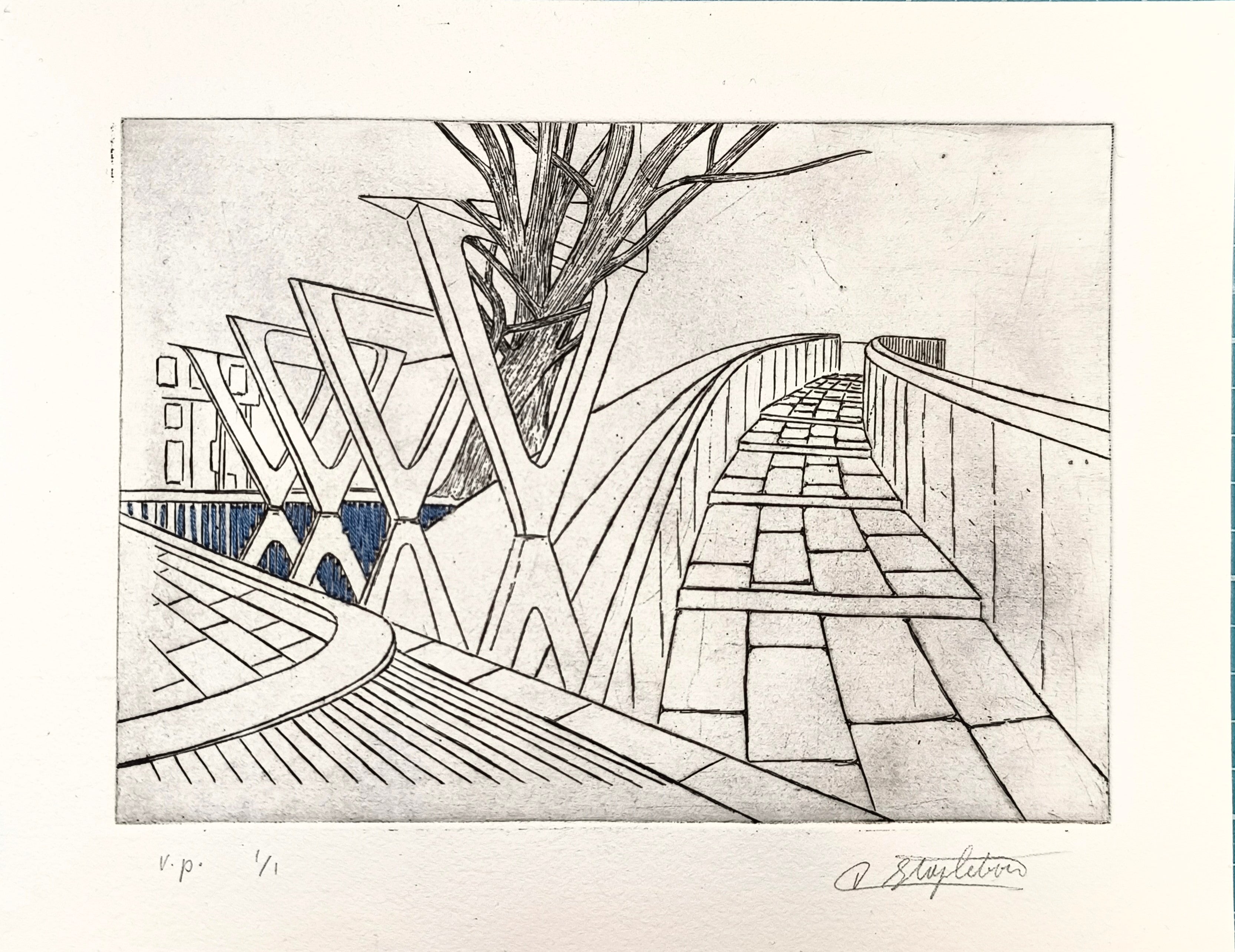Original "Bridge" Etching with Hand-stitched Embroidery