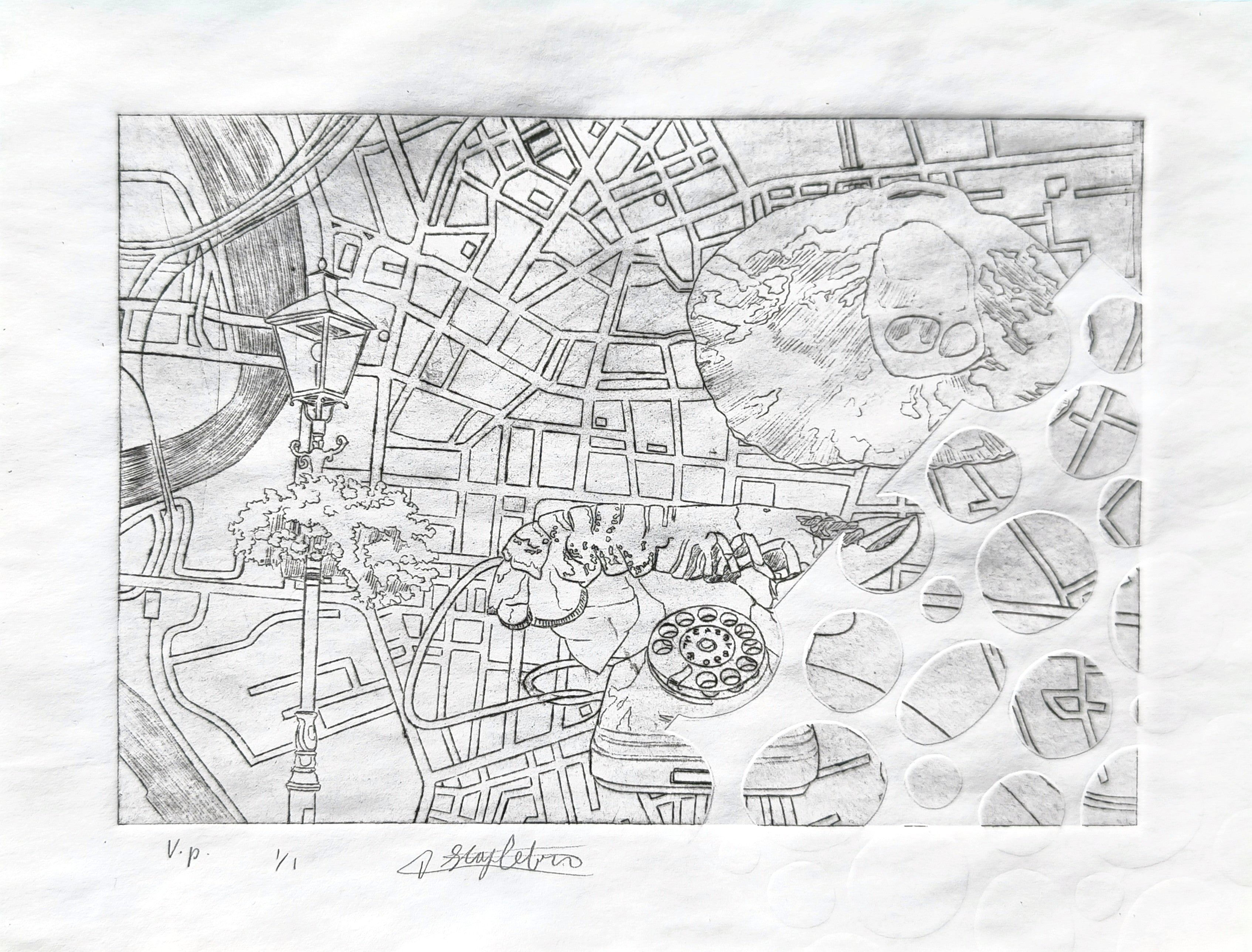 Original "Memory Map" Etching with Stenciling