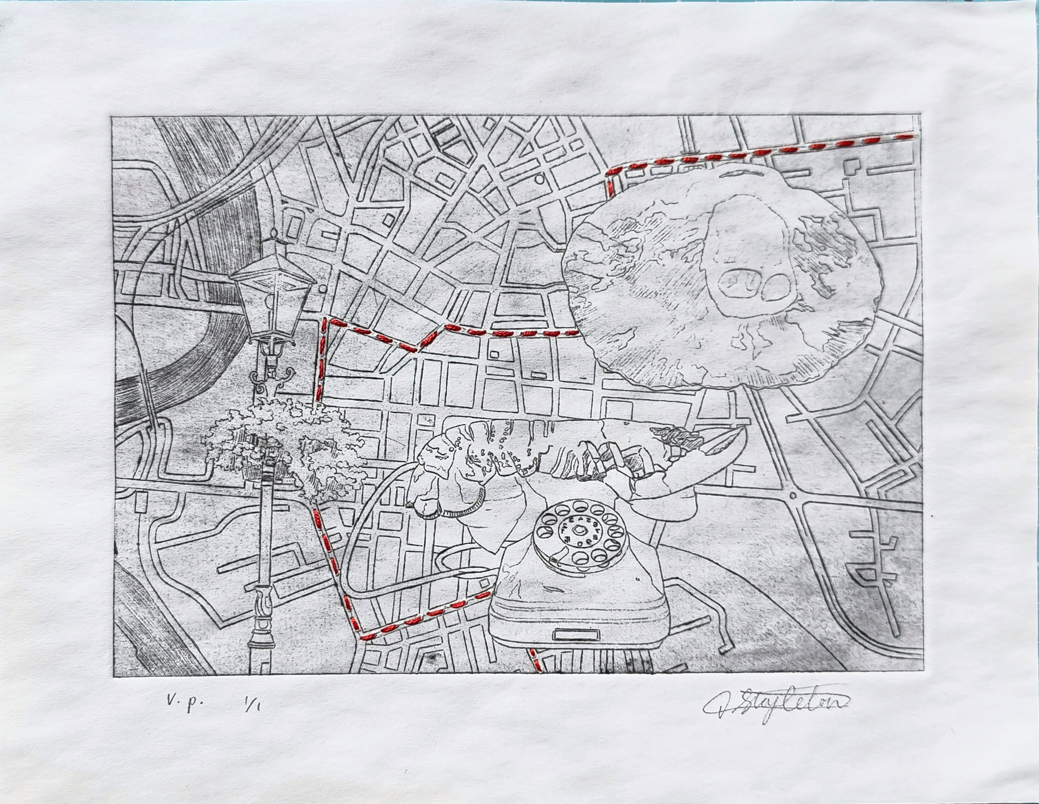 Original "Memory Map" Etching & Embroidery