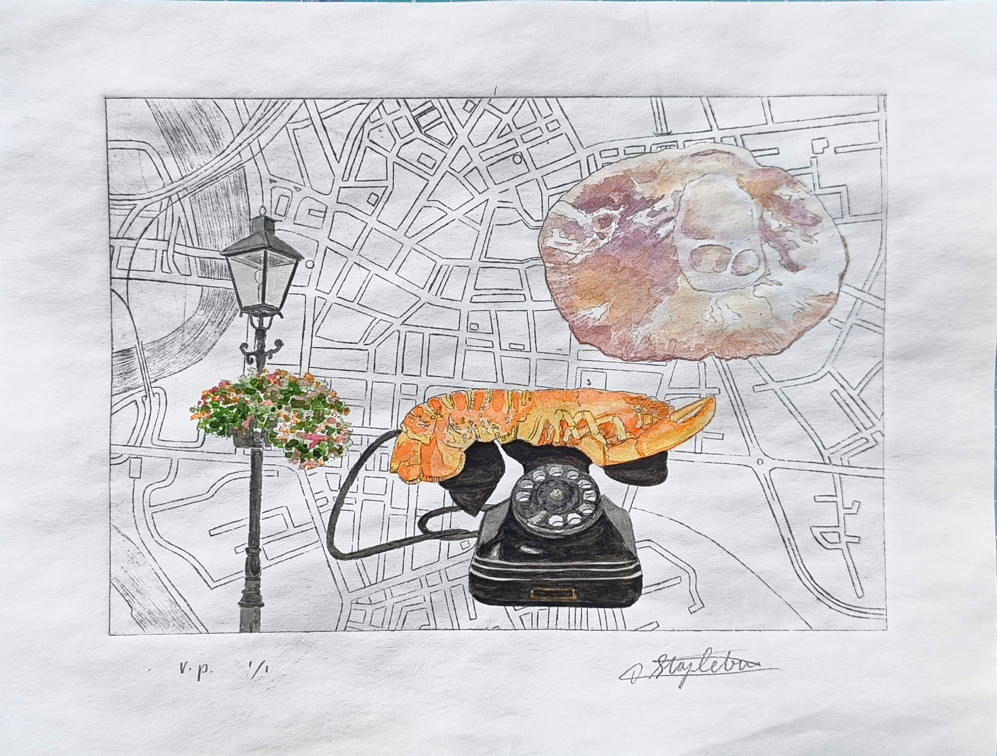 Original "Memory Map" Etching & Watercolour