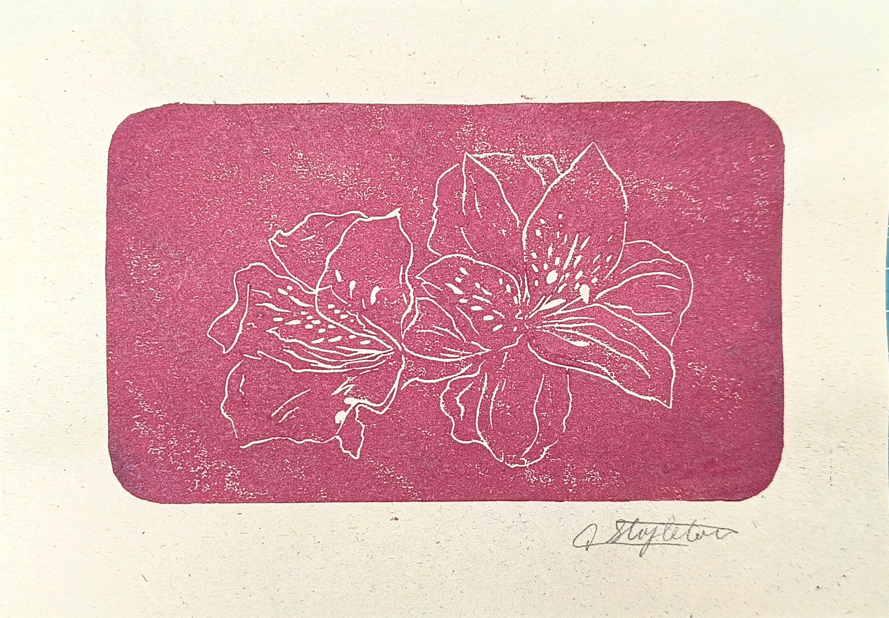 Metallic Pink flower lino print