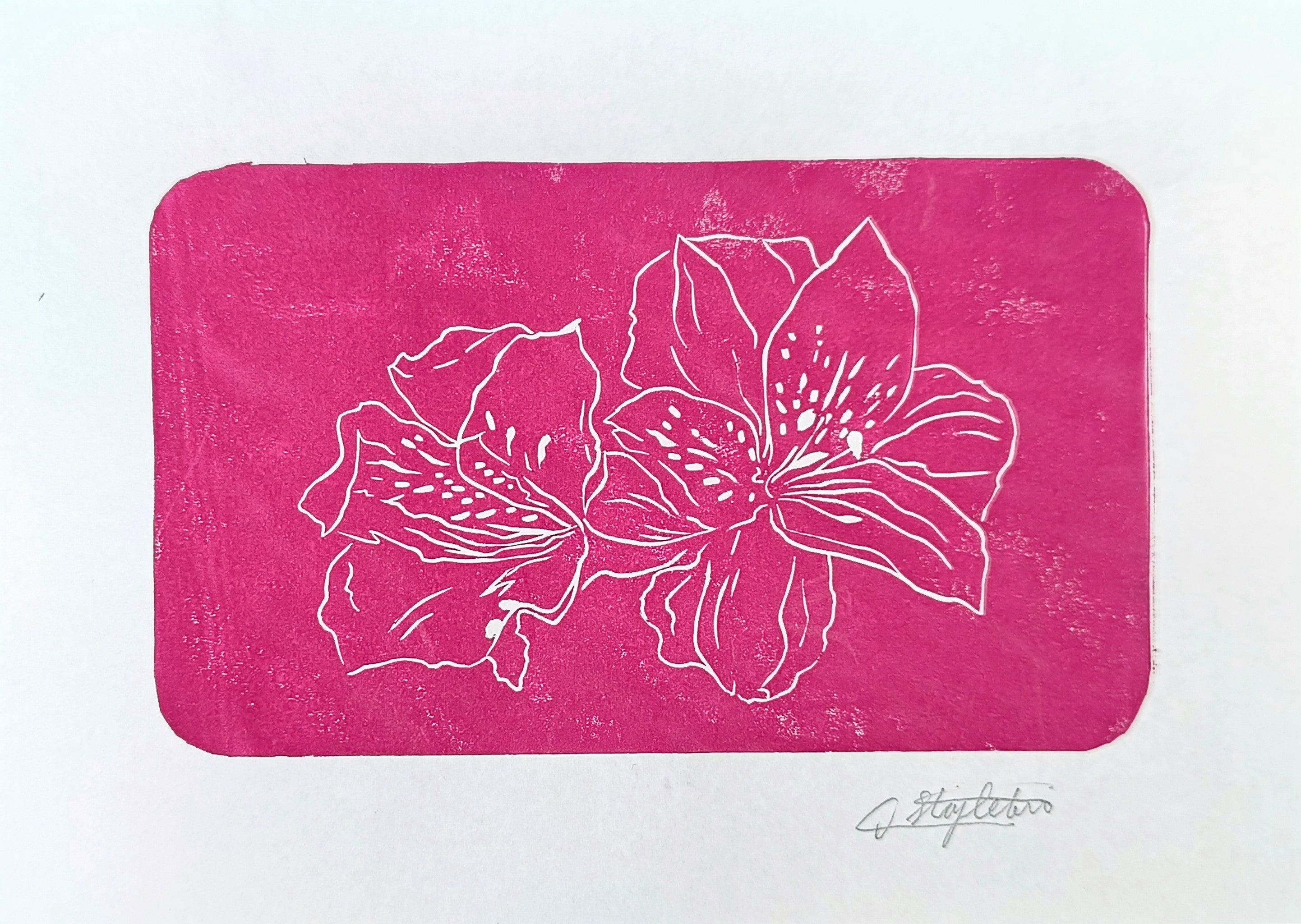 Pink flower lino print